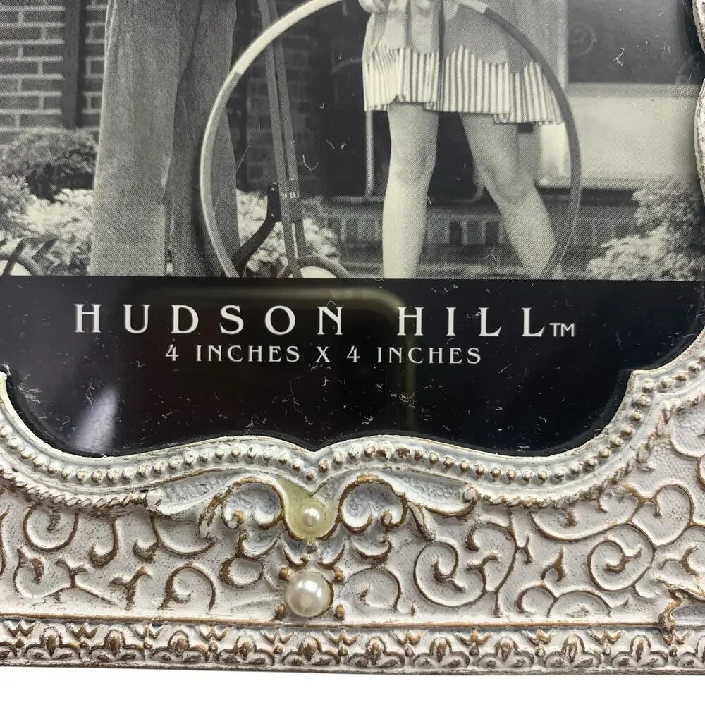Hudson Hill 4X4 Picture Frame Metal White Gold Enamel Finish Pearls Square Photo